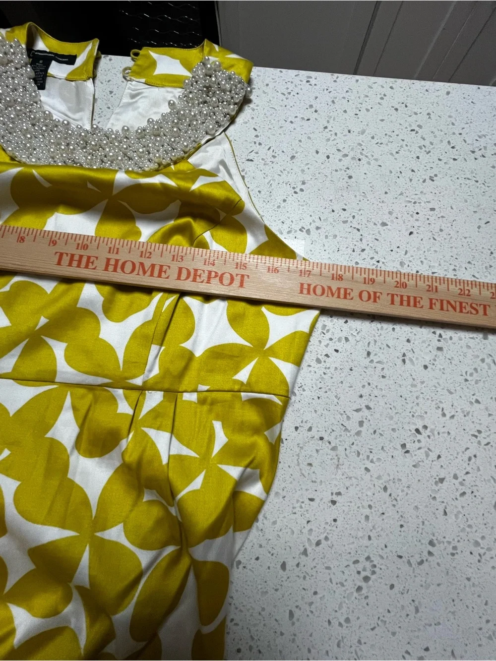 INC International Concepts Yellow and White Printed‎ Dress with Beaded Collar